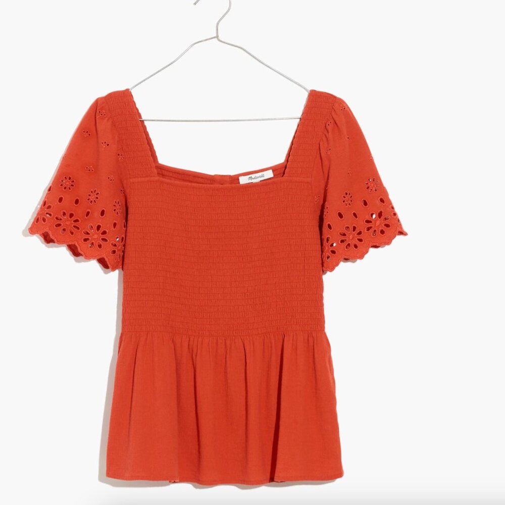Eyelet-Sleeve Lucie Smocked Peplum Top